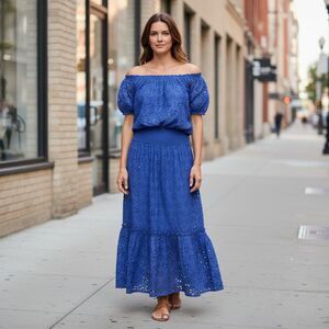 Jennifer & Grace Boho Blue Eyelet Off Shoulder Maxi Dress Smocked Waist